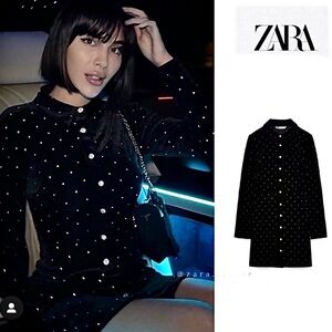Zara Holiday Black Velvet “Verona” Long Sleeve Dress with Rhinestones Size M NWT